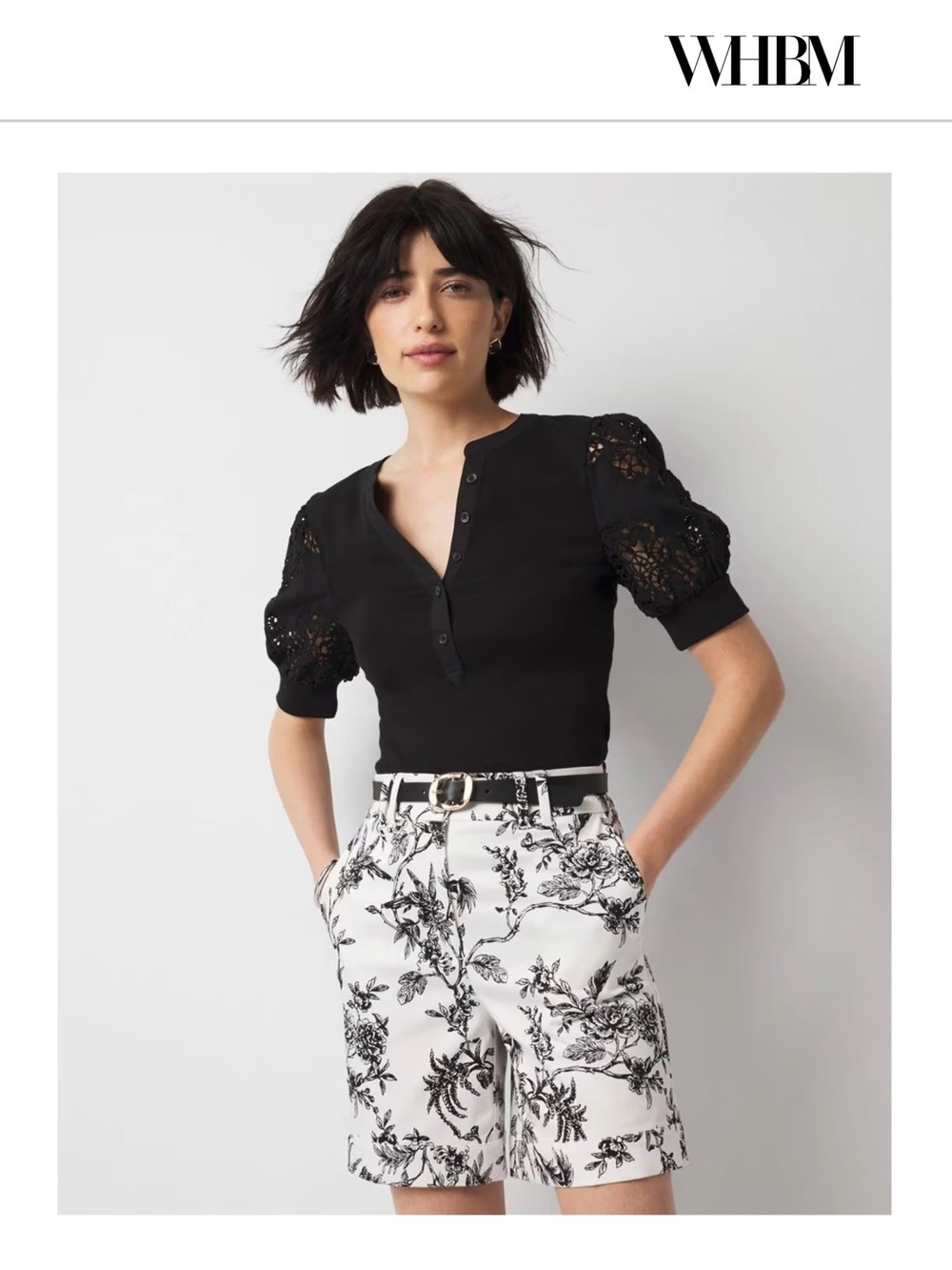 Black Eyelet Puff Sleeve Henley Top - Picture 2 of 7